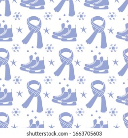 Vector seamless pattern Ice skates, scarf, snowflakes, stars. Winter holiday fun and entertainment concept. Ice skating rink. Sport. Design for packaging, fabric, print
