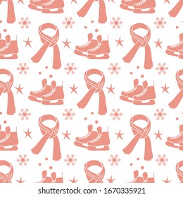 Vector seamless pattern Ice skates, scarf, snowflakes, stars. Winter holiday fun and entertainment concept. Ice skating rink. Sport. Design for packaging, fabric, print