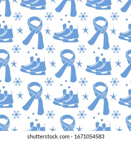 Vector seamless pattern Ice skates, scarf, snowflakes, stars. Winter holiday fun and entertainment concept. Ice skating rink. Sport. Design for packaging, fabric, print
