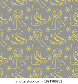Vector seamless pattern Ice skates, scarf, snowflakes, stars. Winter holiday fun and entertainment concept. Ice skating rink. Sport. Design for packaging, fabric, print Illuminating and Ultimate Gray.