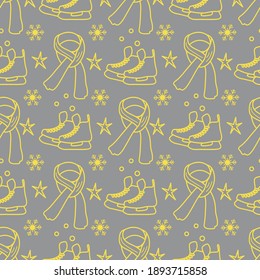 Vector seamless pattern Ice skates, scarf, snowflakes, stars. Winter holiday fun and entertainment concept. Ice skating rink. Sport. Design for packaging, fabric, print Illuminating and Ultimate Gray.