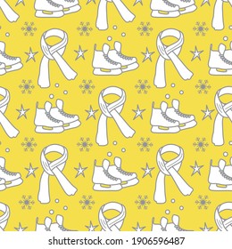 Vector seamless pattern Ice skates, scarf, snowflakes, stars. Winter holiday fun and entertainment concept. Ice skating rink. Sport. Design for packaging, fabric, print Illuminating and Ultimate Gray.