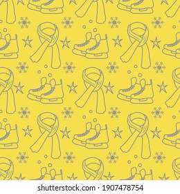 Vector seamless pattern Ice skates, scarf, snowflakes, stars. Winter holiday fun and entertainment concept. Ice skating rink. Sport. Design for packaging, fabric, print Illuminating and Ultimate Gray.