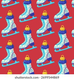 Vector seamless pattern with ice skates on red background. Winter sport design for wrapping paper, fabric, or seasonal posters.