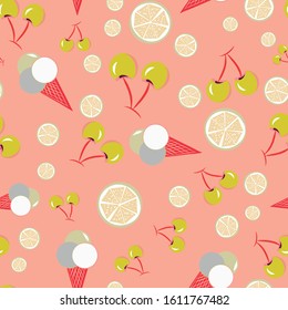 Vector seamless pattern with ice-cream, cherries and lemon slices.