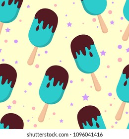 Vector seamless pattern with ice-cream in colored chocolate coated glaze. Background for textile, fabric, ice cream cafe, design banners, wrapping paper for sweets shop, print on clothing, wallpaper.