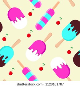 Vector seamless pattern with ice-cream in colored glaze and chocolate. Cute background for textile or fabric, ice cream cafe, menu cover, wrapping paper for sweets shop, print on clothes.