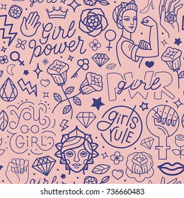 Vector seamless pattern with icon and hand-lettering phrases related to girl power and feminist movement - abstract background for prints, t-shirts, cards