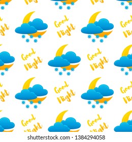 Vector seamless pattern with icon of snowy night. Moon, clouds and snowflakes with text good night isolated on the white background.