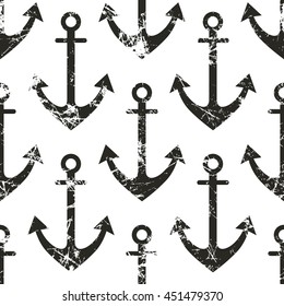 Vector seamless pattern with icons of anchor. Creative geometric black and white grunge background, nautical theme. Texture with cracks, ambrosia, scratches, attrition. Graphic illustration.  