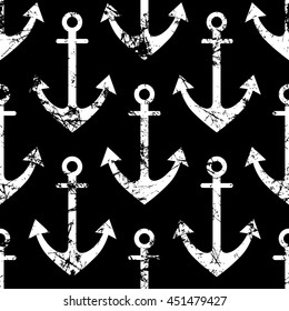 Vector seamless pattern with icons of anchor. Creative geometric black and white grunge background, nautical theme. Texture with cracks, ambrosia, scratches, attrition. Graphic illustration.  