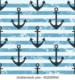 Vector seamless pattern with icons of anchor. Creative geometric blue lined grunge background, nautical theme. Texture with cracks, ambrosia, scratches, attrition. Graphic illustration.  