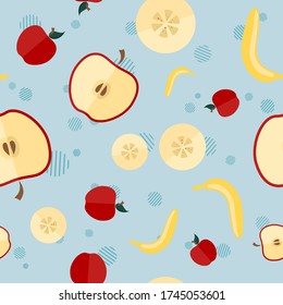 Vector seamless pattern with icons of bananas, whole apples and slices on a blue pastel background. Flat minimalistic illustration for packaging design of juice, jam, fruit puree, jelly, smoothie.