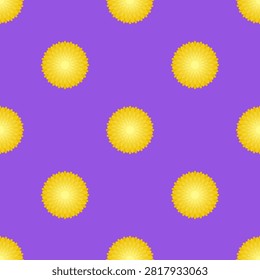Vector seamless pattern with icons of Chrysanthemum on violet background. Beautiful flower with yellow petals. Chrysanths are designed in flat minimalist style with simplified shapes