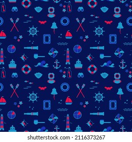 Vector seamless pattern of icons on the theme of the sea, navigation, sea travel. Nautical illustration of objects of navigation, seafaring
