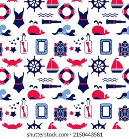 Vector seamless pattern of icons on the theme of the sea, navigation, sea travel