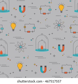 Vector seamless pattern with icons - physics. Science and educational background.