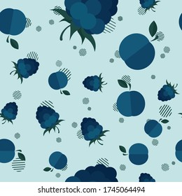 Vector seamless pattern with icons of plum, blackberry and decorative geometric elements on blue background. Flat minimalistic image. Picture for packaging design of juice, smoothie, fruit ice cream.