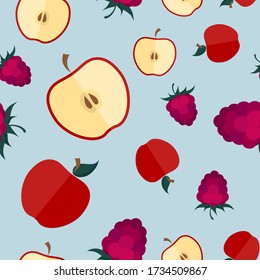 Vector seamless pattern with icons of raspberries, whole apples and slices on a blue pastel background. Flat minimalistic illustration for packaging design of juice, jam, fruit puree, jelly, smoothie.