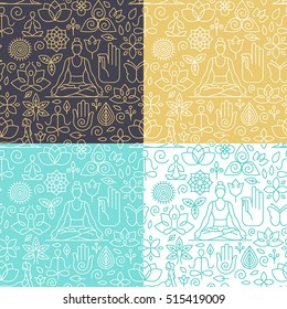 Vector seamless pattern with icons and signs in trendy linear style - yoga concepts - design templates for packaging and posters