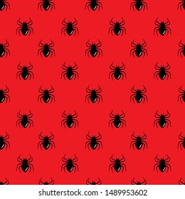 Vector seamless pattern with icons spiders on red background. Halloween design for greeting card, gift box, fabric, web design.