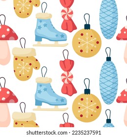 Vector seamless pattern with icons of various tree decorations. Cone, mitten, skates, candy, fly agaric and ball toy. Winter Holidays collection for postcard, banner, wrapping paper.