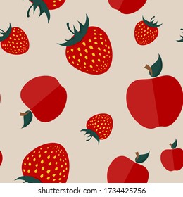Vector seamless pattern with icons of whole apples, strawberries with stem on pastel background. Flat minimalistic illustration. Artwork for packaging design of juice, baby food, jam, jelly, textile.