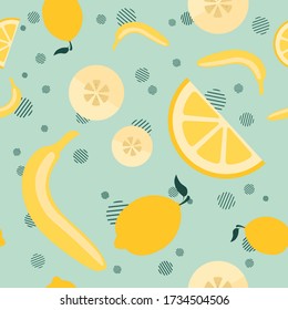 Vector seamless pattern with icons of a whole banana, lemon, slices and geometric elements on a mint pastel background. Flat minimalistic illustration for packaging design of juice, jam, fruit puree.