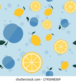 Vector seamless pattern with icons of a whole lemon, plum, slices,  and geometric elements on a pastel blue background. Flat minimalistic illustration for packaging design of juice, jam, fruit puree.