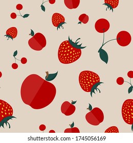 Vector seamless pattern with icons of whole apple, strawberry, cherry with stem on pastel background. Flat minimalistic illustration. Artwork for packaging design of juice, jam, jelly, smoothie.