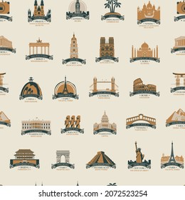 Vector seamless pattern with icons of world sights on an old paper backdrop. Retro-style repeating background on a travel theme with architectural landmarks. Wallpaper, wrapping paper