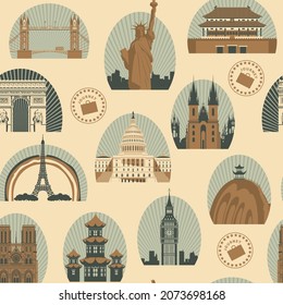 Vector seamless pattern with icons of world sights on an old paper backdrop. Retro-style repeating background on a travel theme with architectural landmarks.