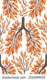 Vector seamless pattern with illness human lungs from autumn leaves and branches on white background. Clean natural air. Save the earth and the environment. Texture with unhealthy lungs for fabric 