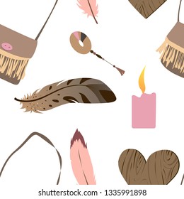 Vector seamless pattern illustartion with native american boho elements (indian bag, pink feathers, wooden heart and amulet).