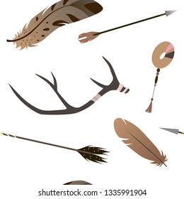 Vector seamless pattern illustartion with native american boho elements (horns, feathers, arrow and amulet).