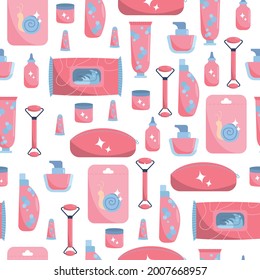 Vector seamless pattern illustation. Cosmetic icons. Flat design. Various cosmetics. Beauty routine. 