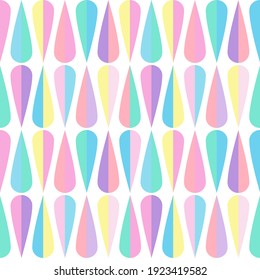 Vector seamless pattern illustration, abstract geometric rainbow water drop shape with pink, blue, yellow, green, pastel colors, colorful in minimal style, arranged repeating on white background.