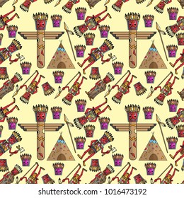vector seamless pattern illustration American Indian style flat yellow background