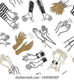 Vector seamless pattern with illustration of applause hand drawn doodle human hands clapping isolated on white background. For cards, banners, posters, placards, flayers, package design etc.