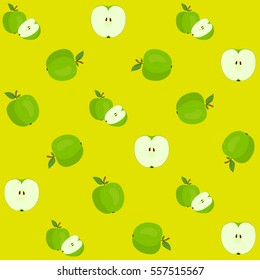 Vector seamless pattern illustration with apples on light green background. This template with this design can be used as a template for the design in the fashion industry, wallpaper, wrapping paper.