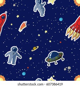 Vector seamless pattern illustration of an astronaut in different poses, a red rocket, a UFO, a yellow star, a planet, a comet, the sun on a dark blue background