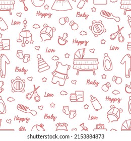 Patrón veloz. Ilustración Artículos de cuidado del bebé. Maternidad. Alimentación, ropa, juguetes, artículos de salud, accesorios. Fondo de accesorios recién nacidos. Padres de la infancia en el Día de la Madre