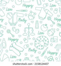 Vector seamless pattern. Illustration Baby care items. Motherhood. Feeding, clothing, toys, health care stuff, accessories. Newborn accessories background. Mother's Day Family Childhood Parents