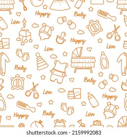 Vector seamless pattern. Illustration Baby care items. Motherhood. Feeding, clothing, toys, health care stuff, accessories. Newborn accessories background. Mother's Day Family Childhood Parents