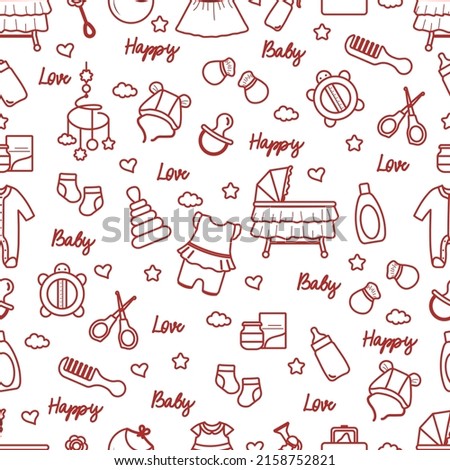 Vector seamless pattern. Illustration Baby care items. Motherhood. Feeding, clothing, toys, health care stuff, accessories. Newborn accessories background. Mother's Day Family Childhood Parents