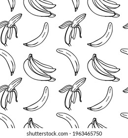 Vektornahtloses Muster mit Illustration von Bananen in Schwarz auf weißem Hintergrund