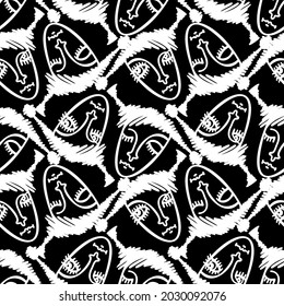 Vector seamless pattern illustration black and white design of abstract lined surreal faces. The design is perfect for backgrounds, textures, wrapping paper, textiles