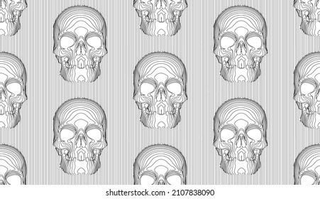 Vector seamless pattern illustration of black line front view skulls on white background. 