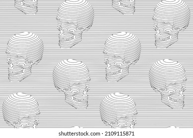 Vector seamless pattern illustration of black continuous horizontal line skulls on white background. 