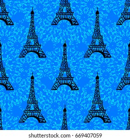 Vector Seamless pattern. Illustration black ink Eiffel Tower. Hand drawn ornament. 